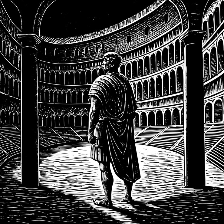 Antiguo retrato grabado de un hombre en un coliseo romano