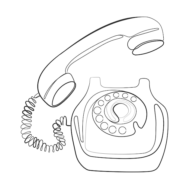 Antiguo teléfono rotatorio dibujo en blanco y negro de la línea de arte. concepto de comunicación telefónica retro. vector