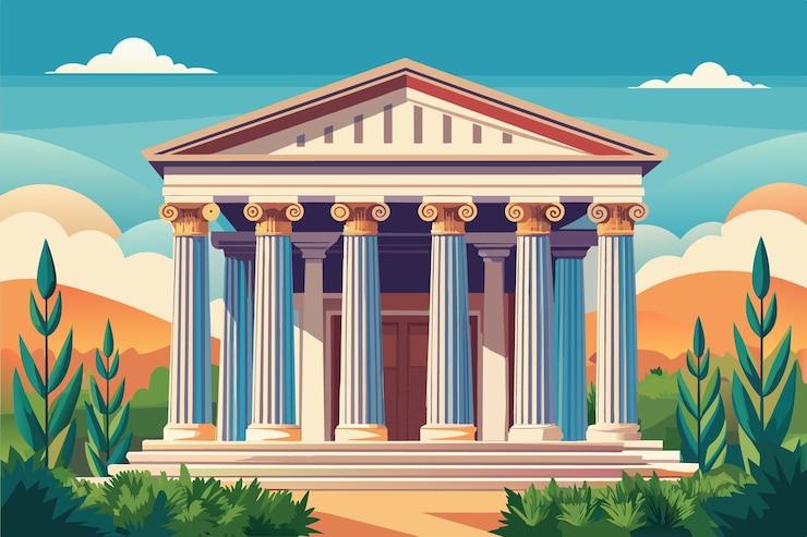 Vector un antiguo templo hermosamente ilustrado rodeado de exuberante vegetación y montañas que muestran detalles arquitectónicos clásicos bajo un cielo brillante y nubes suaves