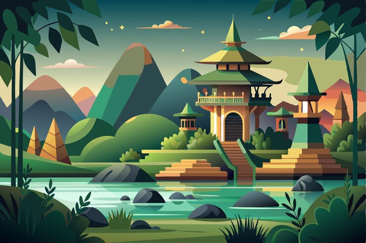 Vector el antiguo templo en un tranquilo valle montañoso con un río tranquilo