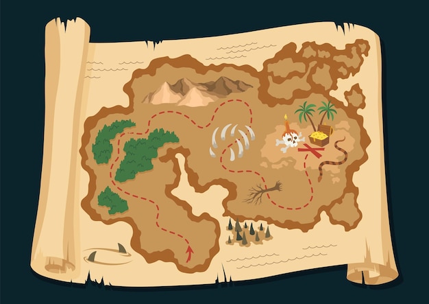 Antiguo tesoro o mapa pirata vintage aventura grunge juego de investigación de tesoros pergamino desgastado con tierra
