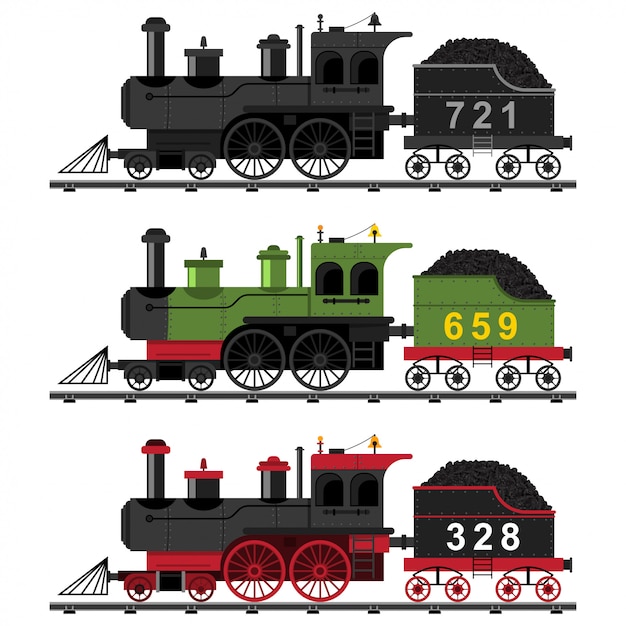 Antiguo tren de vapor motor conjunto plano. ilustración de dibujos animados de una locomotora ferroviaria con carbón sobre rieles aislado en un fondo blanco.