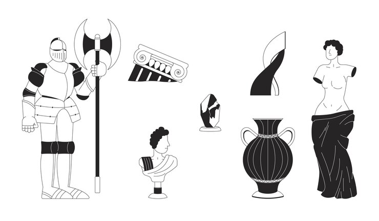 Vector antiguos artefactos de museo en blanco y negro 2d línea objetos de dibujos animados conjunto