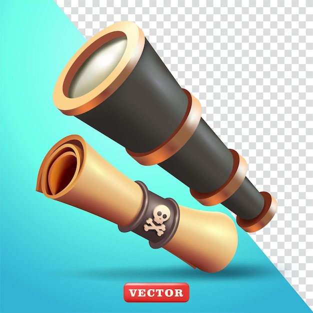 Antiguos binoculares telescópicos y mapas piratas de desplazamiento vectorial 3D adecuados para juegos y elementos de diseño