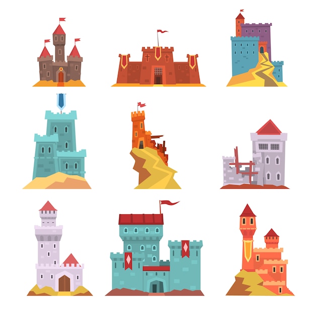 Vector antiguos castillos y fortalezas, varios edificios de arquitectura medieval ilustraciones sobre un fondo blanco.