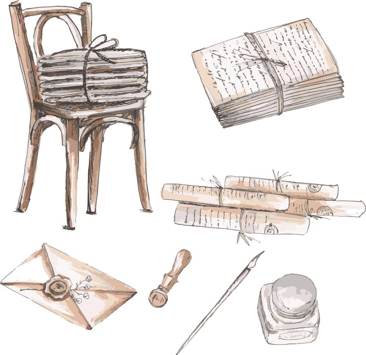 Vector antiguos manuscritos y pergaminos pintados a la acuarela. conjunto de tomos antiguos, pergaminos, tinteros con una pluma,