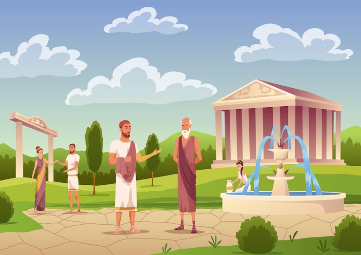 Vector antiguos romanos o griegos población civil personajes masculinos y femeninos en túnicas cipreses árboles coliseo y anfiteatro columnas templo