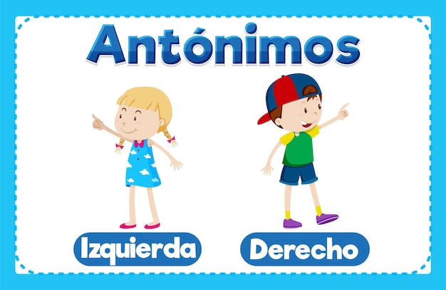 Vector antónimo de la palabra tarjeta izquierda y derecho en español significa izquierda y derecha