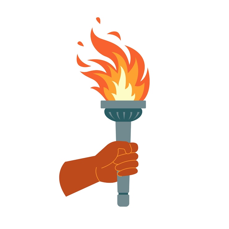 Vector antorcha ardiente con llama en la mano símbolos de los juegos olímpicos carrera de relevos competencia victoria campeón