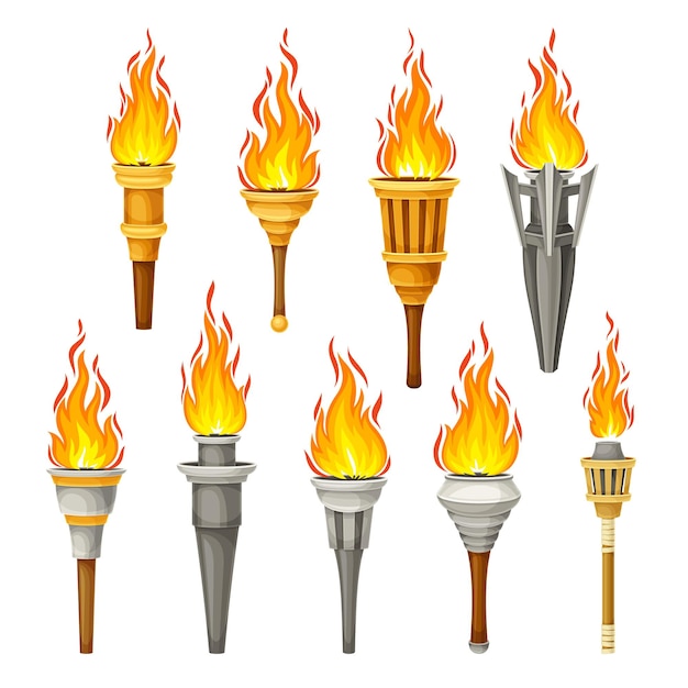 Antorcha con fuego ardiente en la parte superior como conjunto de vectores de fuente de luz encendida