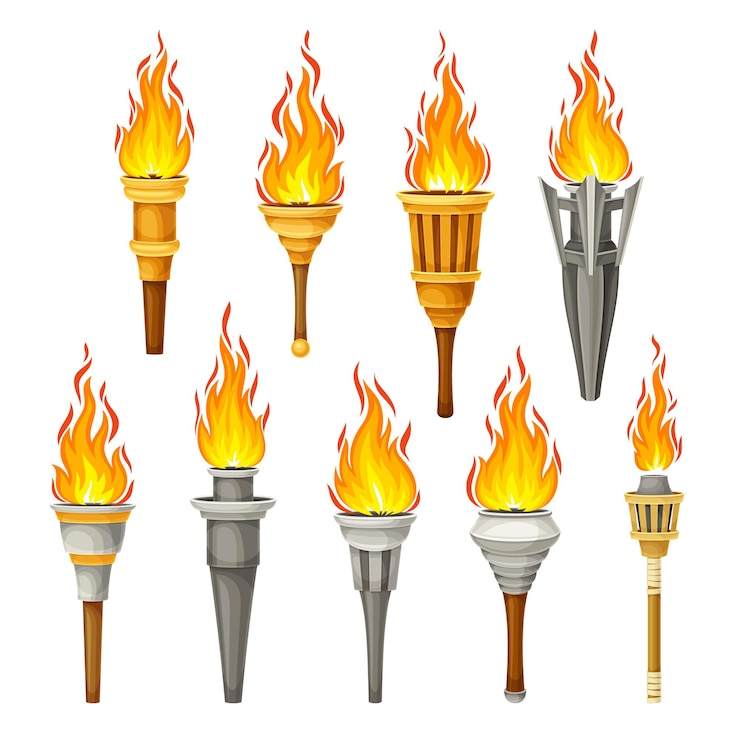 Vector antorcha con fuego ardiente en la parte superior como conjunto de vectores de fuente de luz encendida
