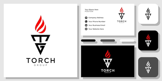 antorcha grupo iniciales letras triángulo fuego llama con plantilla de tarjeta de visita