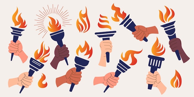 Antorcha Llama Mano Antorcha en mano conjunto Vector aislado antorchas ardientes llamas en las manos Símbolos