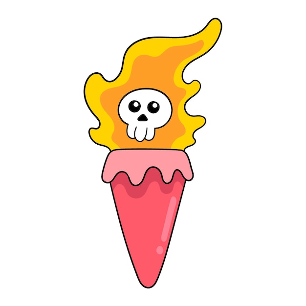 Antorcha llameante con calavera espíritu cara doodle icono imagen kawaii