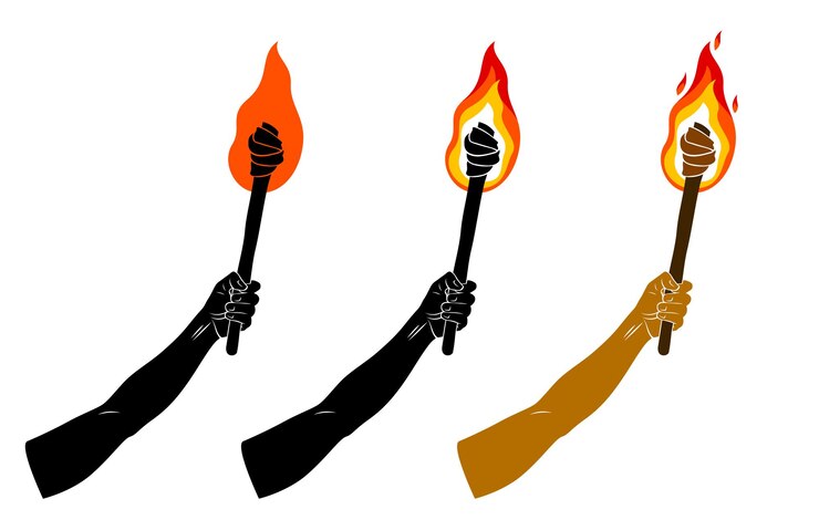 Vector antorcha en una mano levantada ilustración vectorial, prometeo, llamas de fuego, trae la luz a la oscuridad, el arte de la alegoría conceptual.