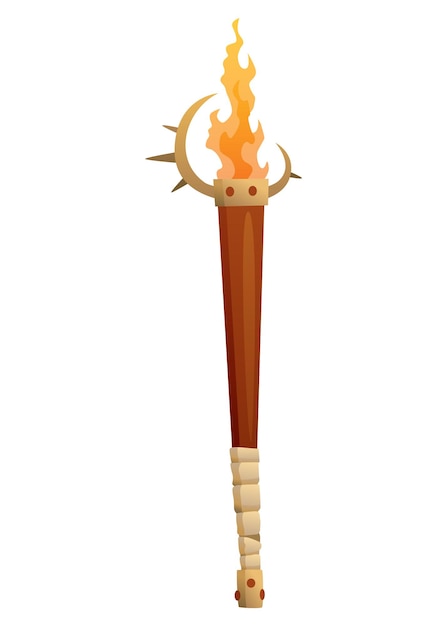 Antorcha medieval con fuego ardiente Antorcha de madera realista antigua con llama Ilustración de vector de elemento de juego de dibujos animados