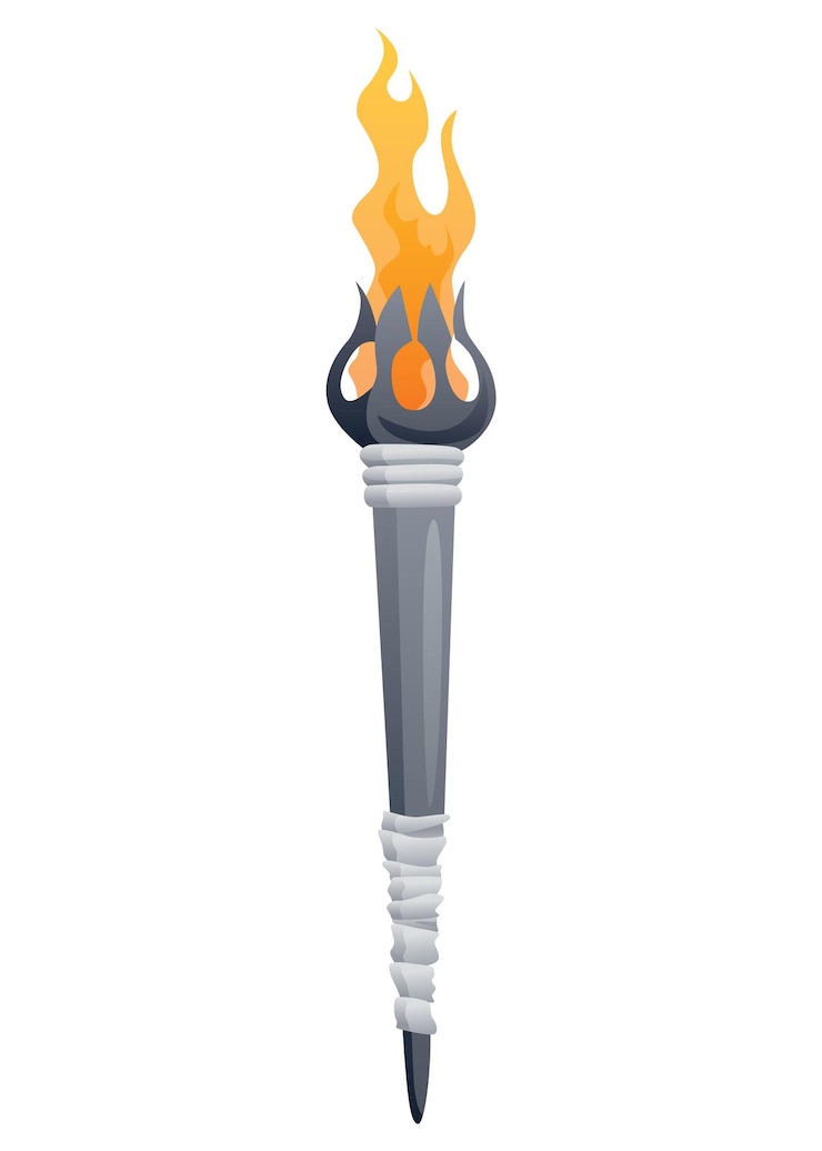 Vector antorcha medieval con fuego ardiente antorcha de metal realista antigua con llama ilustración de vector de elemento de juego de dibujos animados