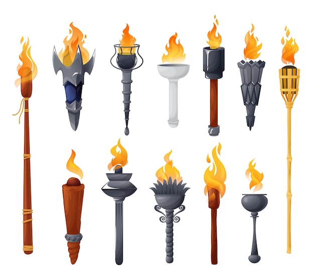 Vector antorchas medievales con fuego ardiente. antiguas marcas de metal y madera de diferentes formas con llama.