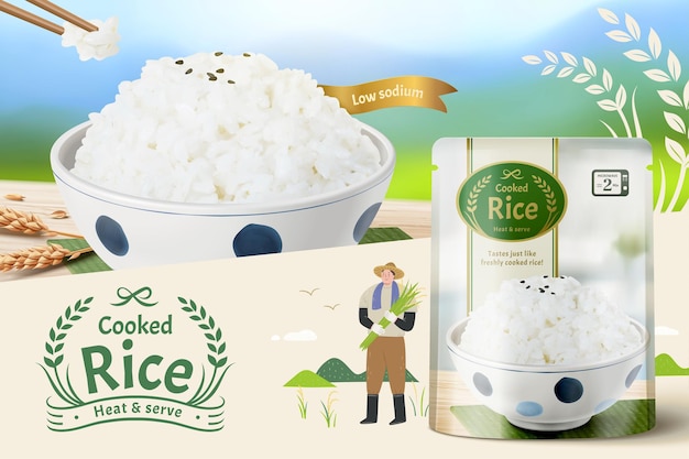 Vector anuncio 3d de arroz blanco recién cocinado.