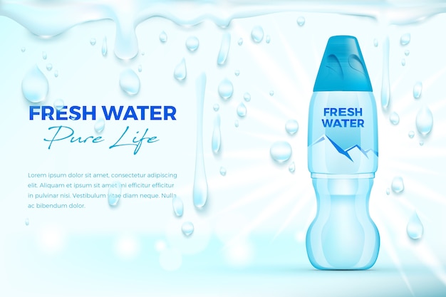 anuncio de agua mineral con elementos de gota de agua, ilustración 3d botella de plástico