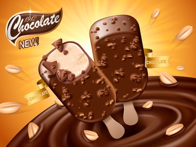 Anuncio de barra de hielo de chocolate, con vórtice de chocolate y elementos de maní, fondo naranja, ilustración