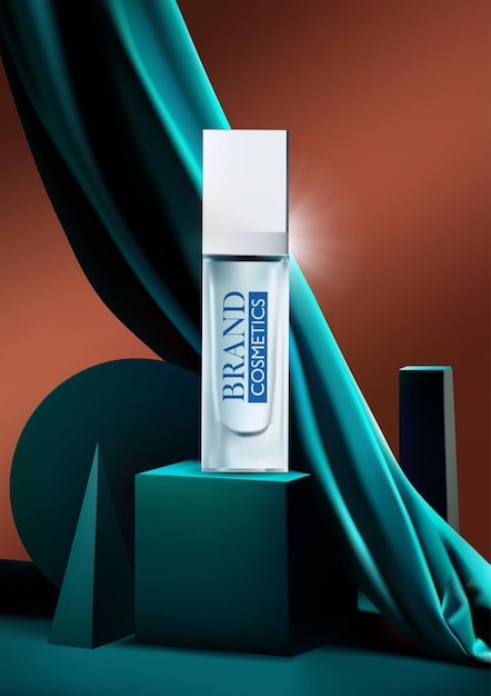 Vector anuncio cosmético del producto en el podio con flujo de tela de seda verde y presentación del producto de formas geométricas