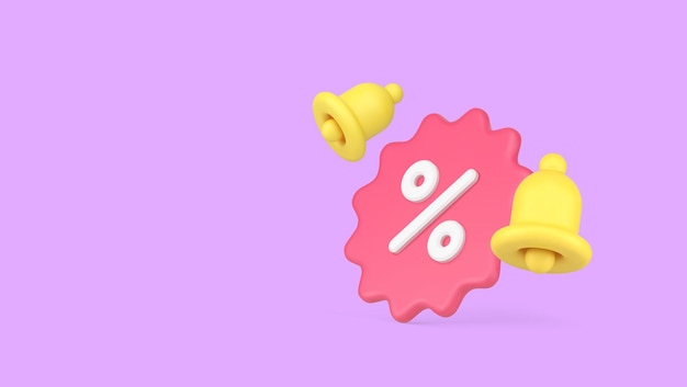 Anuncio de descuento de compras, sonido de la campana, aviso de recordatorio, icono 3D, vector realista