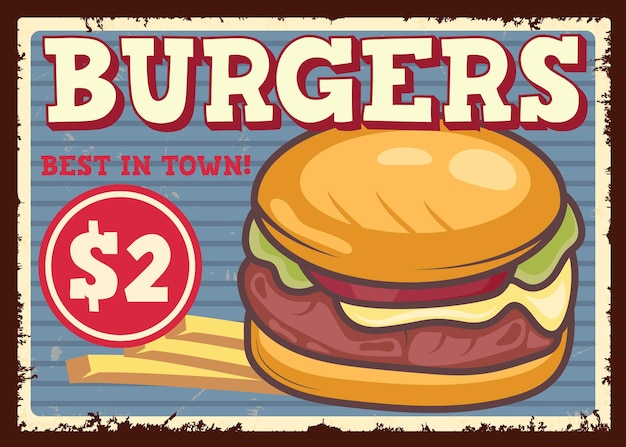 Anuncio de hamburguesa para restaurante de comida rápida Plantilla vintage de letrero de comida