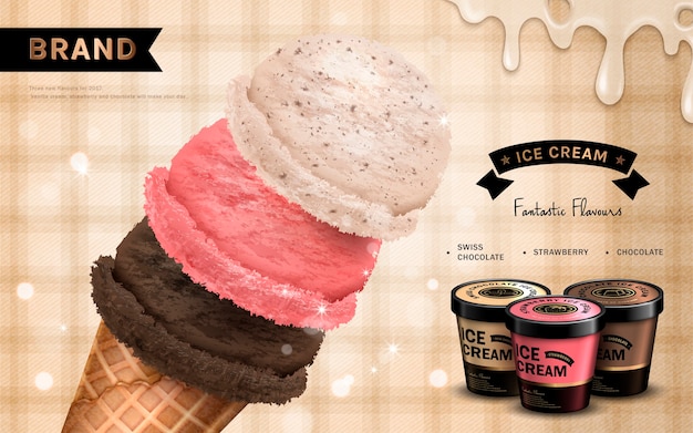 Vector anuncio de helado de sabor a fresa y chocolate, fondo de tartán beige aislado