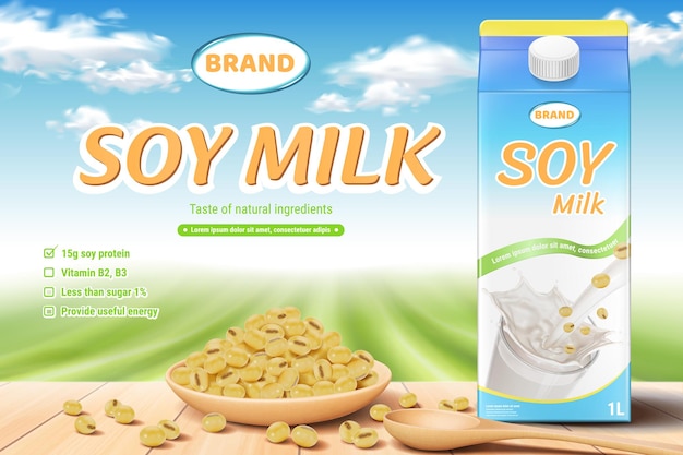 Vector anuncio de leche de soja con taza de madera