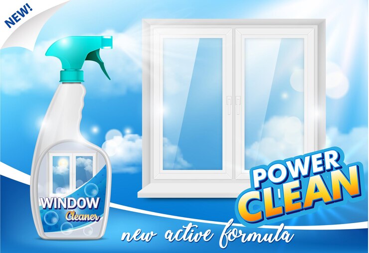 Anuncio de limpiador de ventanas. Vector ilustración realista 3d de una práctica botella de spray de plástico con gatillo y una ventana limpia. Plantilla de diseño de cartel de promoción de detergente de limpieza de ventanas.