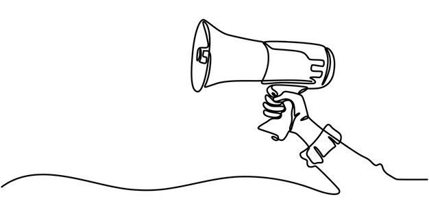 Anuncio de megáfono de arte de línea un dibujo continuo de una sola línea de mano sosteniendo un megáfona de altavoz
