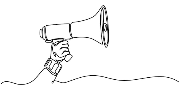 Anuncio de megáfono de arte de línea un dibujo continuo de una sola línea de mano sosteniendo un megáfona de altavoz