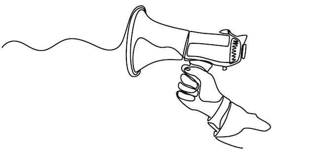Anuncio de megáfono de arte de línea un dibujo continuo de una sola línea de mano sosteniendo un megáfona de altavoz