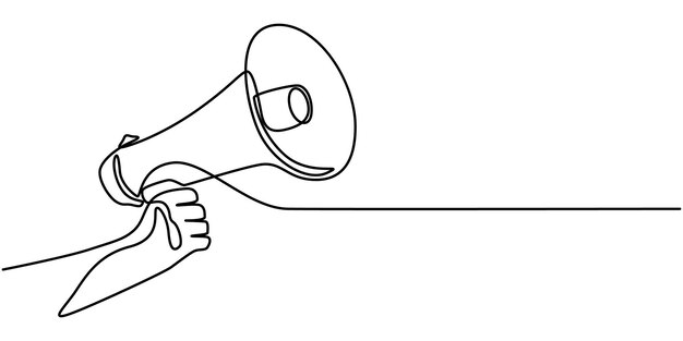 Anuncio de megáfono de arte de línea un dibujo continuo de una sola línea de la mano sosteniendo un megafono de altavoz