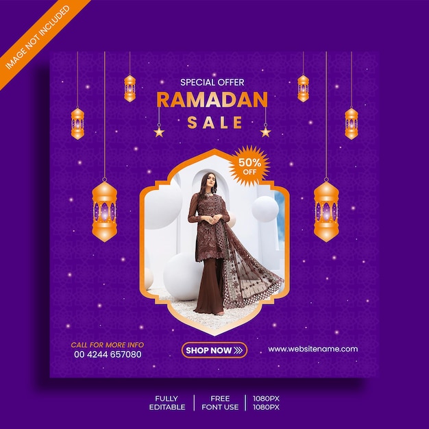 Vector un anuncio morado para la venta de ramadán con una mujer vestida