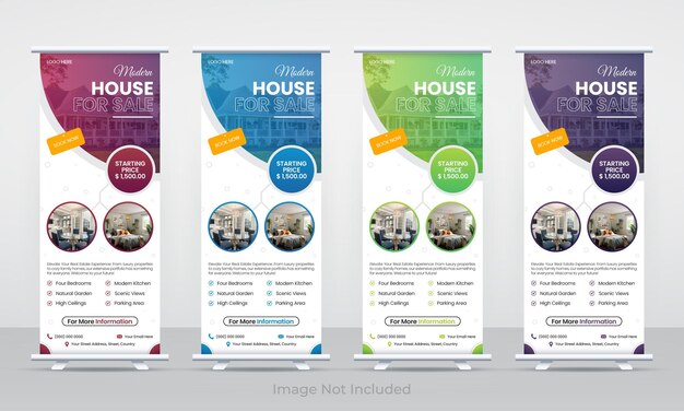 Anuncio de negocio inmobiliario casa o casa de venta rodar hasta pancarta señalización standee plantilla de diseño