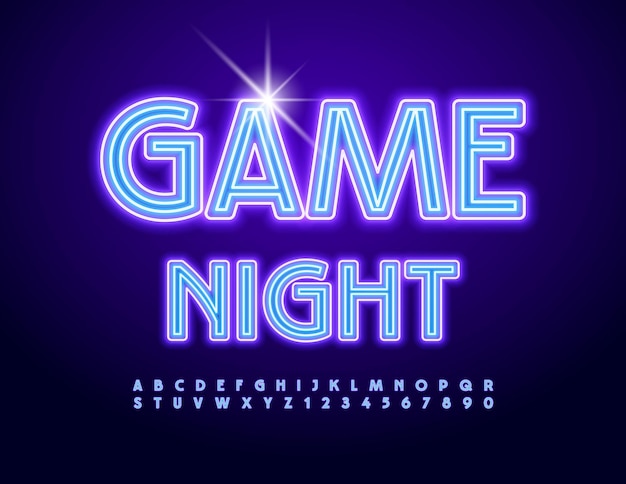 Anuncio de neón vectorial noche de juego creativo fuente brillante alfabeto letras y números conjunto