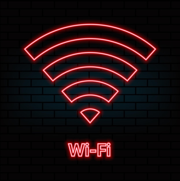 Anuncio de neón con Wi-Fi gratuito publicidad brillante nocturna Ilustración vectorial