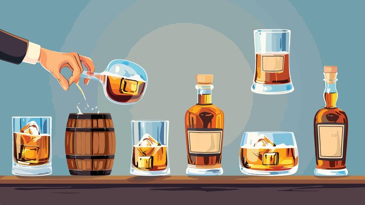 Vector anuncio de productos de whisky de dibujos animados para promover el diseño divertido y creativo del whisky de glencairn