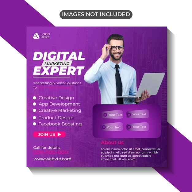 un anuncio púrpura para servicios digitales se muestra con un hombre con gafas