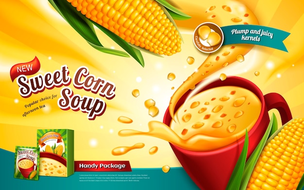 Vector anuncio de sopa de maíz dulce, con efectos especiales y elementos de maíz.