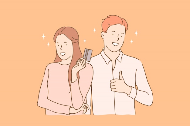 Anuncio de tarjeta bancaria, promoción de mercancías, concepto de emociones positivas