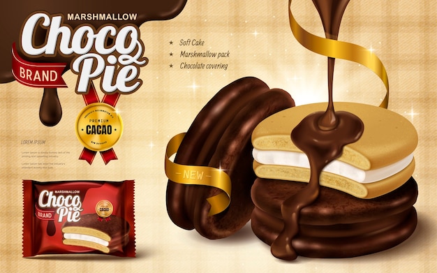 Vector anuncio de tarta de chocolate con malvaviscos, salsa de chocolate premium que gotea de la parte superior y cubre el pastel suave