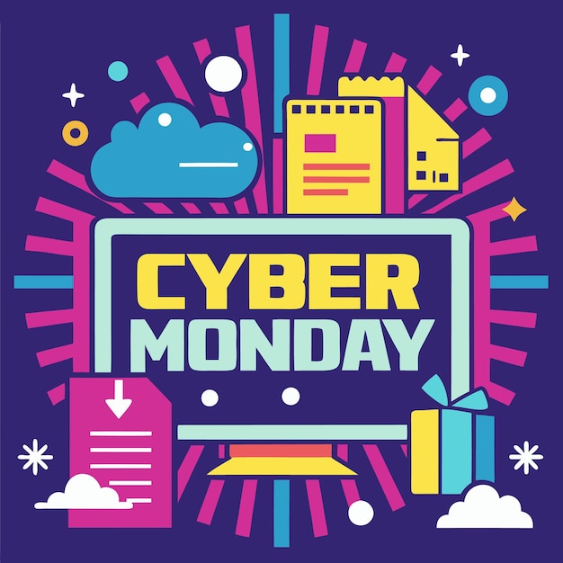 Anuncio de venta del lunes cibernético con regalo de computadora y nube