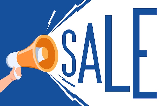 Anuncio de venta pancarta promoción de descuento mano con altavoz promoción de compras anuncio de oferta especial grito de megáfono letras de habla de información en voz alta cartel publicitario vectorial