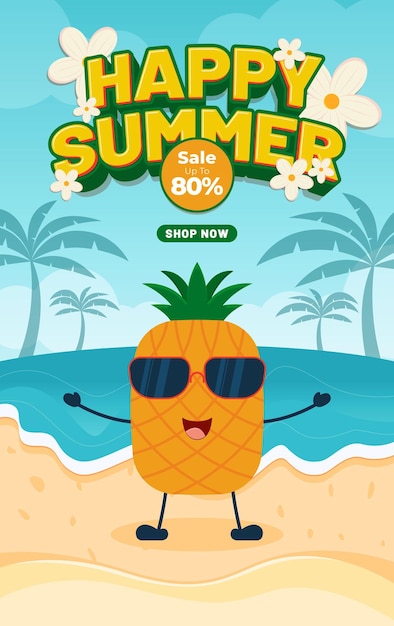 Anuncio de venta de verano feliz con un carácter de piña