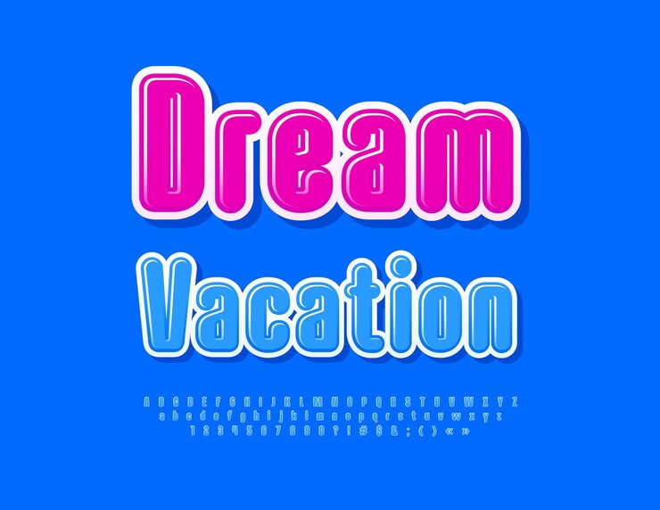 Vector anuncio de viajes vectorial vacaciones de ensueño azul fuente moderna brillante alfabeto letras y números