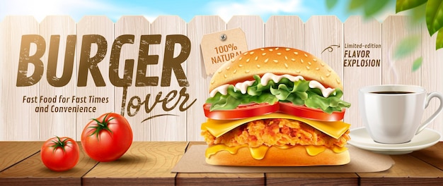 Anuncios de banner de hamburguesa de pollo frito en la mesa de madera y cerca blanca en la ilustración 3d