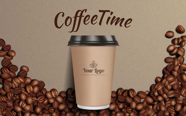 Anuncios de café para llevar, paquete de vasos de papel en ilustración 3d con granos de café sobre fondo marrón.
